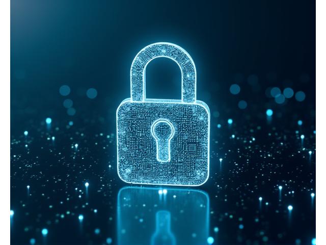 Digital lock icon over a secure network visualization, symbolizing data encryption and protection