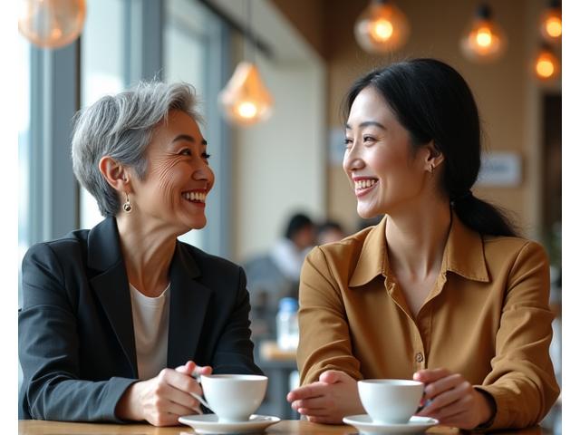 Two women, one older and one younger, happily conversing over coffee in a bright cafe, symbolizing mentorship.