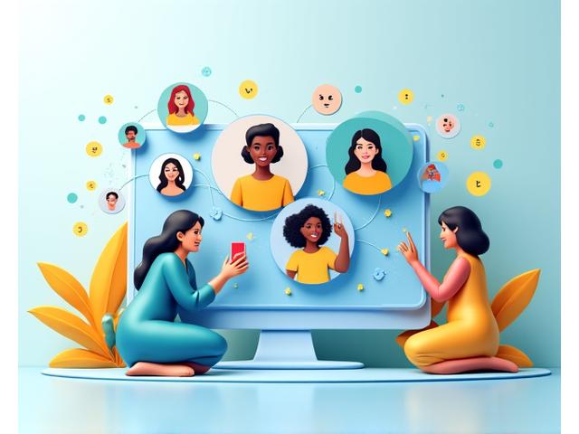 A stylized illustration of a diverse group of women's avatars conversing in an online forum interface, vibrant and connected.